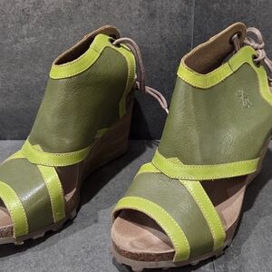 Fly London Olive and Lime Wedge Sandals